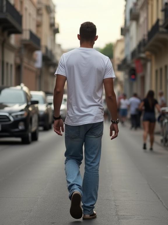 An ultra-good-looking Latino man walking away on a city street. The scene reflects a lively urban atmosphere in Latin America with people around.