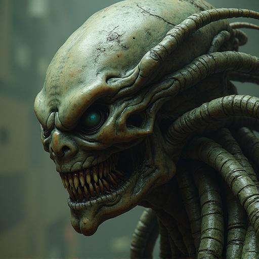 Nightmarish art inspired by H.R. Giger. Close-up of an alien creature with sharp teeth and glowing eyes. Dark, moody atmosphere. Biomechanical and horror elements featured prominently.