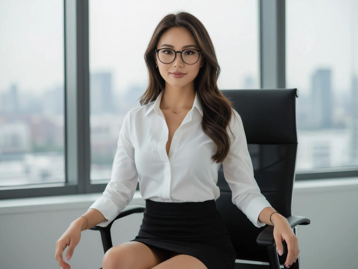 Woman of Asian descent seated in an office chair. Elegant appearance. Wearing a white blouse and a short business skirt. Showcasing curves in a professional manner. Soft office background with city view.