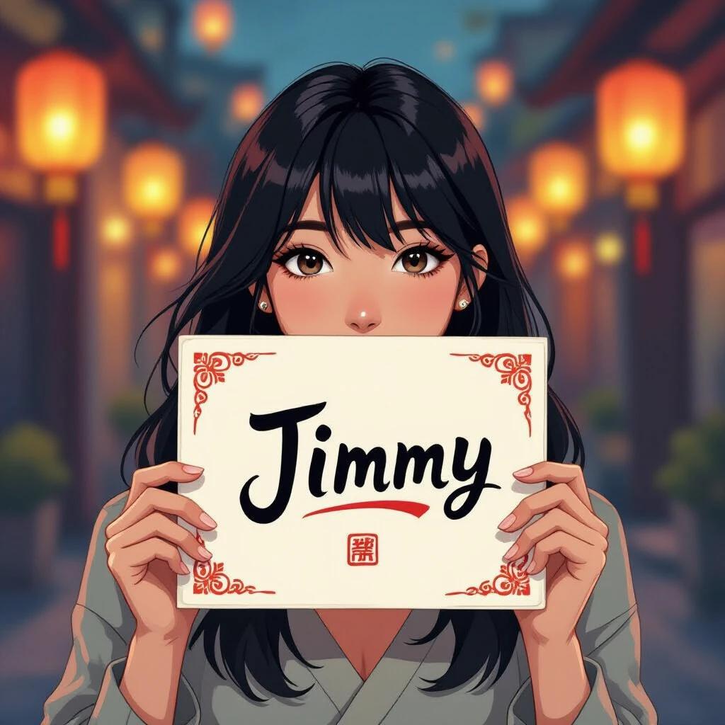 Anime style illustration of a woman holding a card with the name Jimmy in calligraphy, background has lanterns