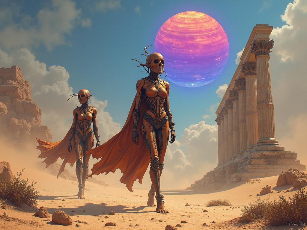 Mechanized sirens of rusted metal and burnished copper scales walk across a desert of rotting tin. Whirlwinds of shimmering sand surround crumbling classical columns. A purple sun merges with a rainbow of flames on the horizon.