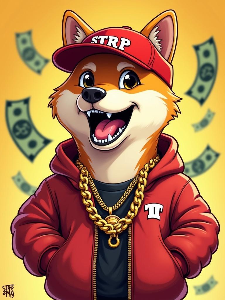 An animated cartoon caricature of a Shiba dog dressed in luxurious hip hop wears. The dog wears a red baseball cap with $TRP. The dog has a gold chain necklace and a large toothy grin. Dollar bills fly around the dog. Bright colors create a lively scene.