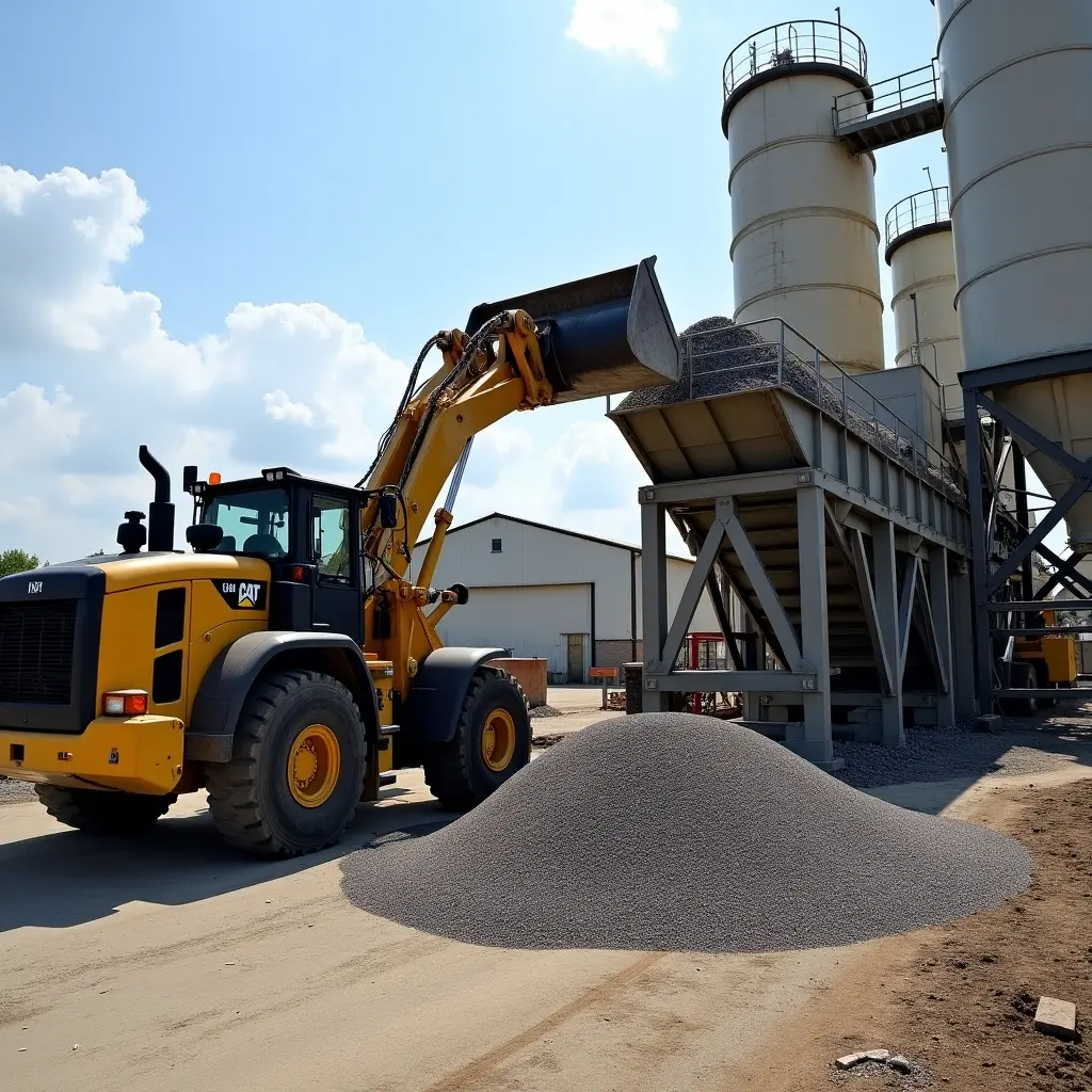 Image depicts cement plant with alternative fuel conveying system. Loader feeds RDF into hopper. Hopper is above a belt conveyor. Conveyor transfers material to kiln. Clear sunny sky. Industrial environment features.