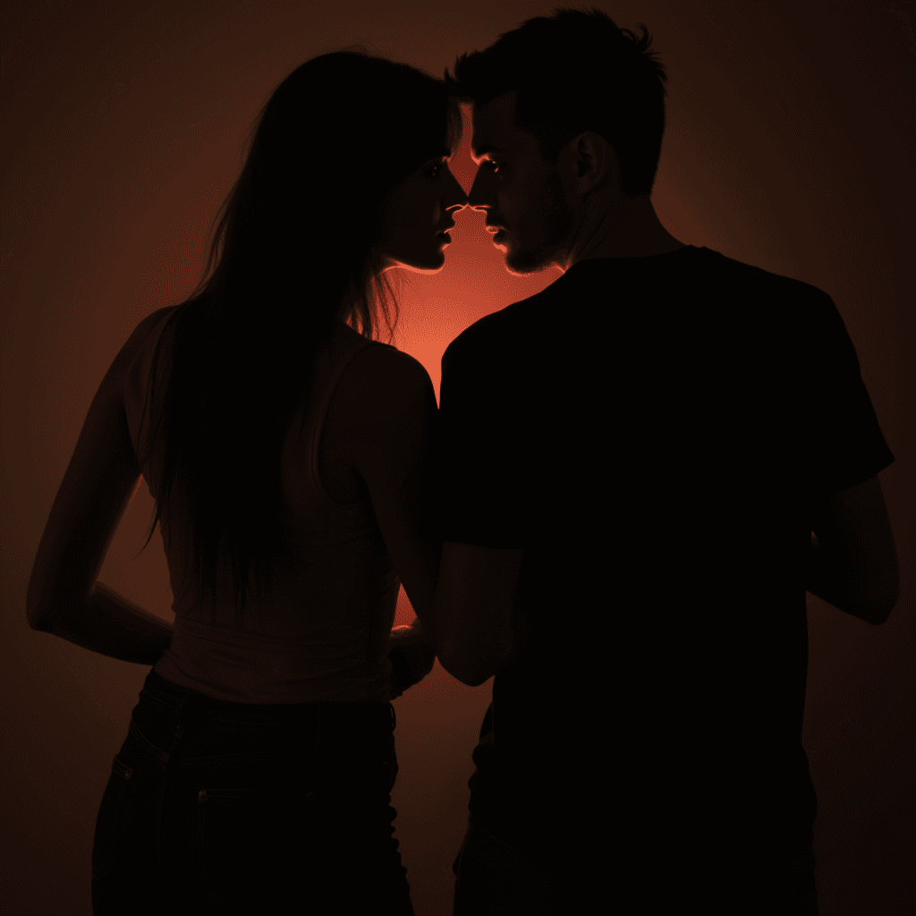 A silhouette of a couple facing each other with a warm, glowing light behind them.