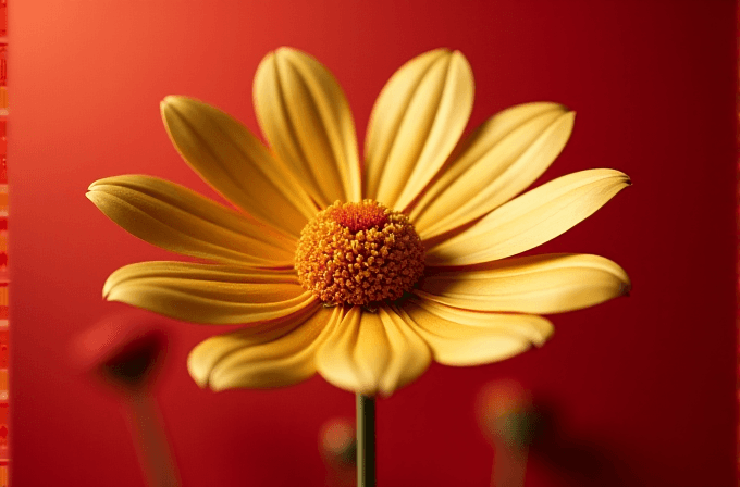 A vibrant yellow flower with a textured central disc stands out against a deep red background, showcasing its delicate petals.