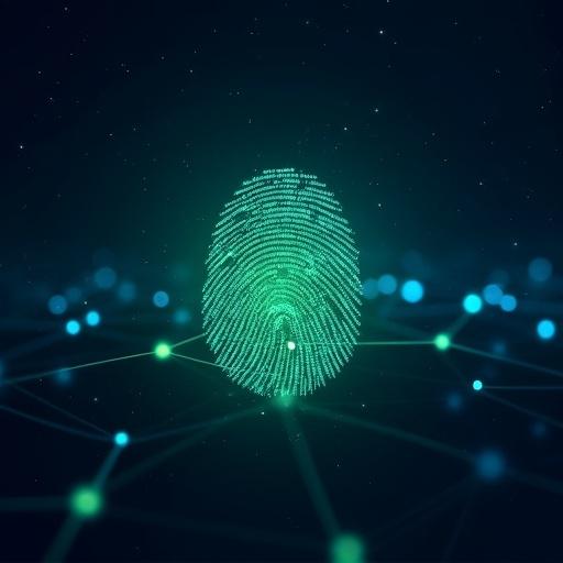 Dark blue starry background provides series consistency. Central glowing digital fingerprint in green and blue symbolizes identity verification. Surrounded by interconnected nodes representing decentralization. Subtle light trails connect the nodes emphasizing the blockchain network.