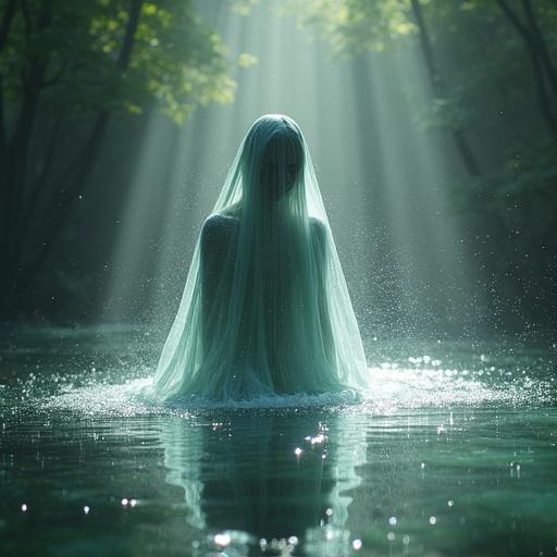 A mystical figure emerges from the water. Enveloped in droplets that catch light. Soft morning light filters through a forest.