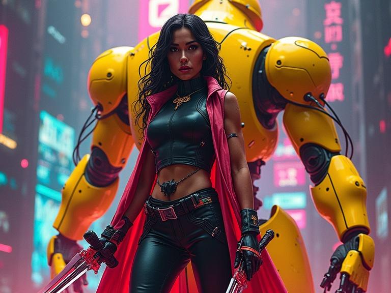 Cyberpunk female warrior with dagger glowing in neon. Yellow robot companion by her side. Modern digital realism inspired by Moebius.