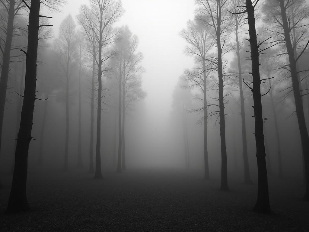 A serene and shadowy forest is enveloped in a thick, mysterious fog. Tall, slender trees stretch upwards, fading into the misty background. The scene is captured in haunting black and white, emphasizing the tranquility and eeriness of the environment. The pathway leads the viewer deeper into this tranquil yet mysterious setting. The overall ambiance evokes a sense of calm and contemplation amid the shadows.