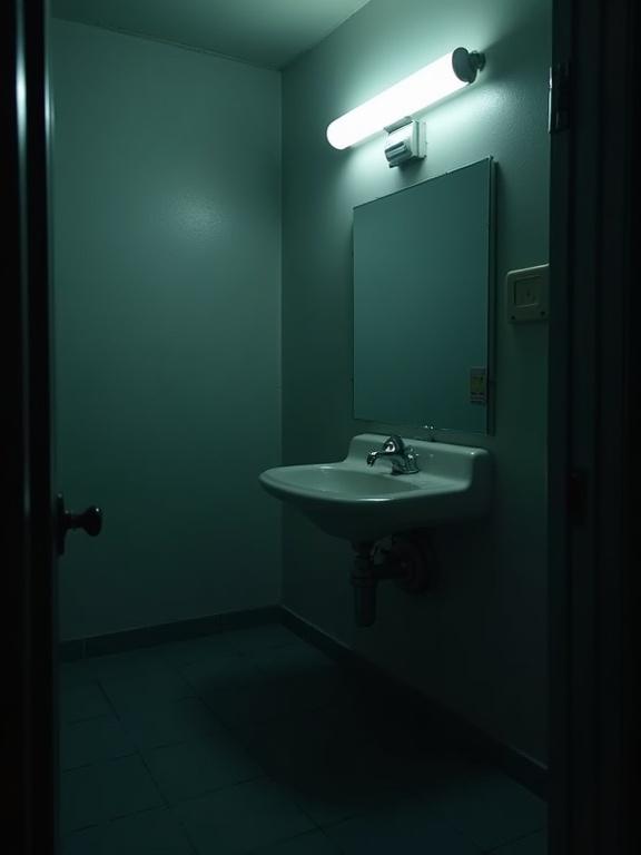 Dimly lit bathroom with flickering fluorescent light. White sink and foggy mirror create cold empty feeling. Room has dark tones and minimalist design.