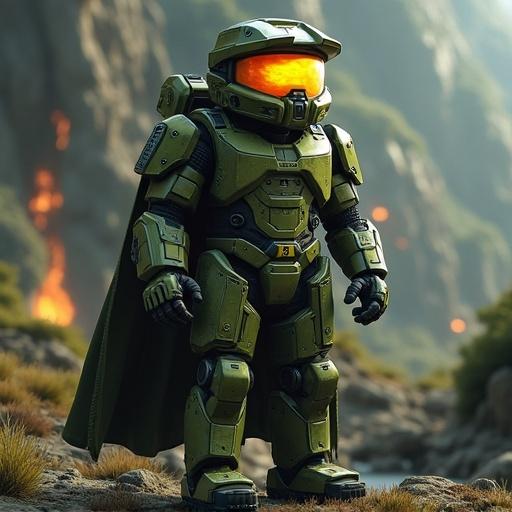 Master Chief character reimagined in Minecraft style. Armored figure standing in a nature scene. Bright colors and strong lighting create a vivid image.