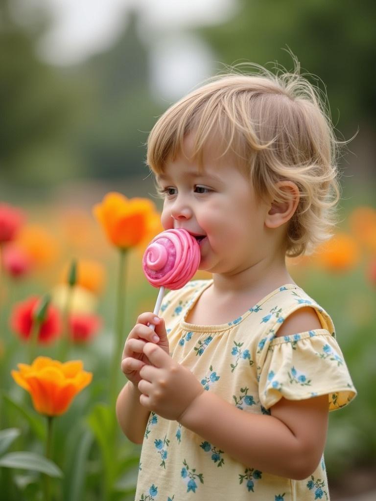 Child holds a lollipop in a vibrant flower garden filled with tulips. Enjoying a sweet treat in nature. Bright colors all around.