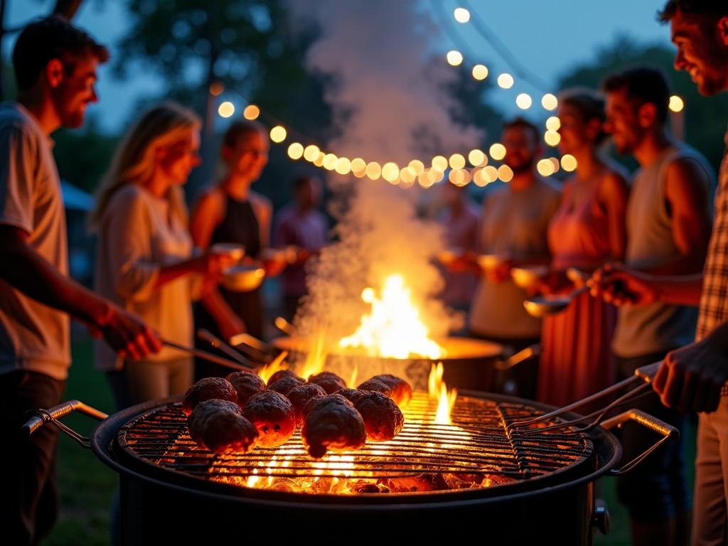 This image captures a lively evening BBQ gathering in a backyard setting. A group of friends stand around a flaming grill with sizzling food, illuminated by the warm glow of string lights hanging above. The scene conveys a sense of conviviality, warmth, and togetherness typical of outdoor summer parties.