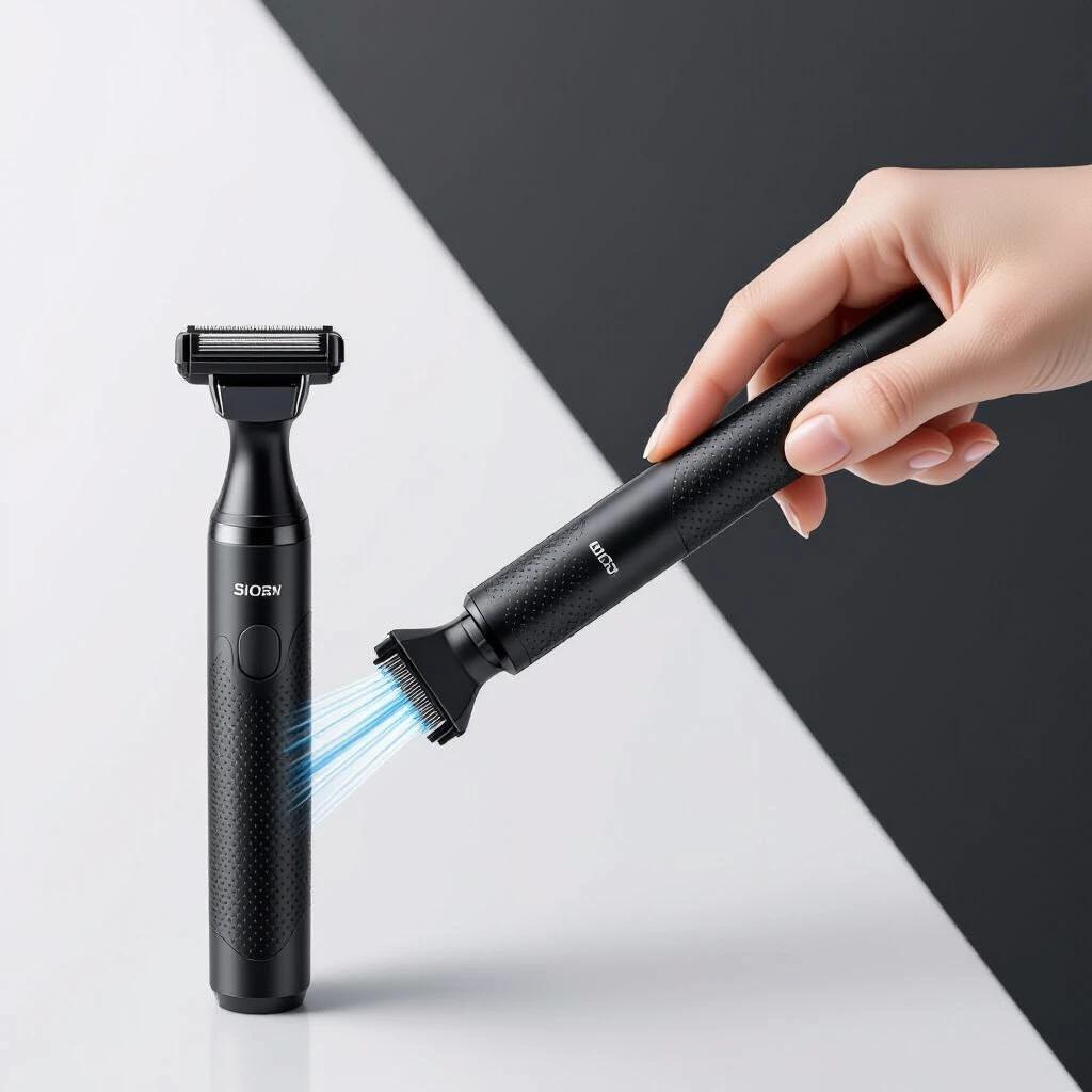Minimalist product image of a hand-held razor with an air chamber concealed in the handle. Pressing the button dispenses shaving gel through micro channels to the blade for a can-less shaving experience.