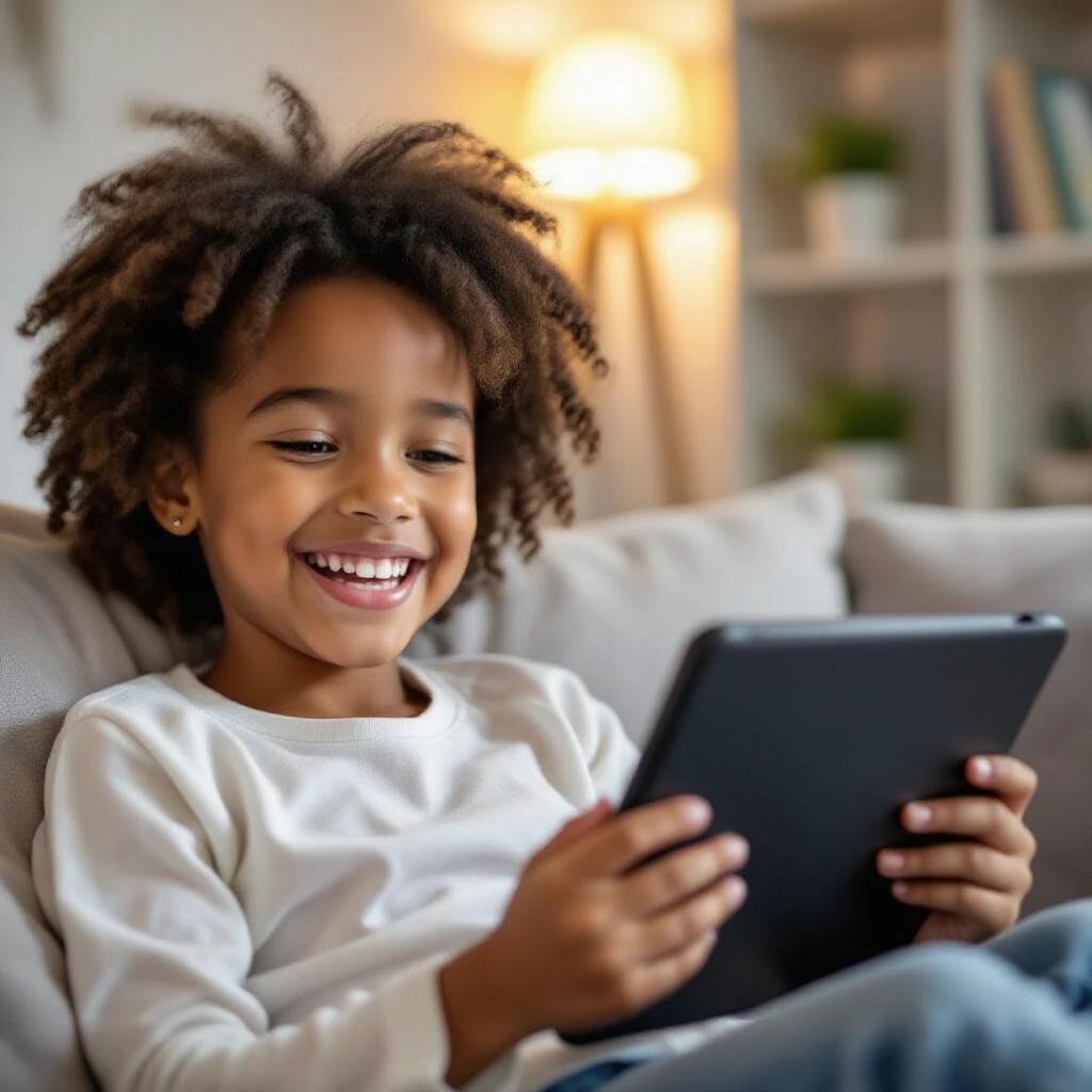 A child enjoys watching a show on a tablet. The child has a wide smile. The environment is cozy and warm. The child holds the tablet comfortably while sitting on a sofa. Soft ambient light illuminates the room.