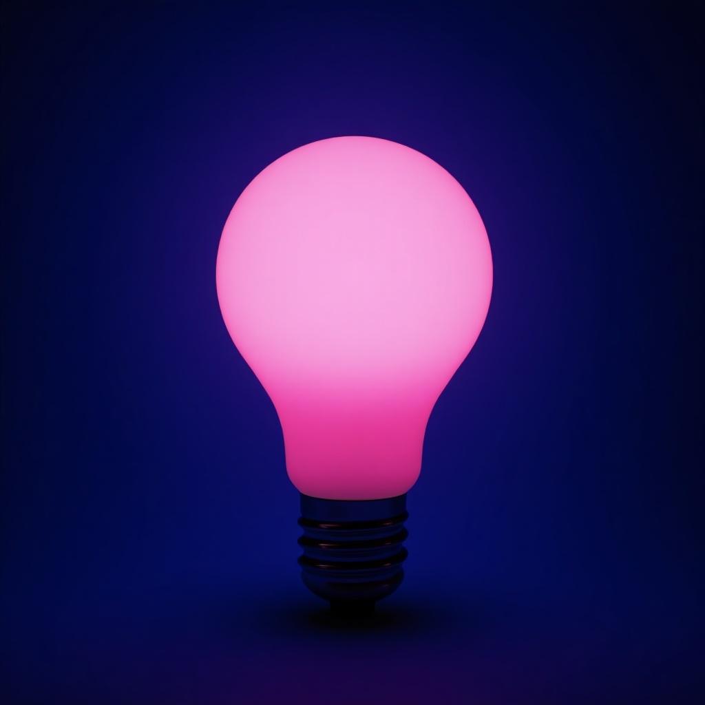 A pink light bulb glowing against a deep blue background.