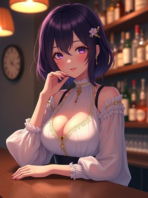 Image of a lady at a bar rendered in anime art style. She has shoulder-length dark violet hair with bangs and flowers. Her eyes are light violet and expressive. Wearing a white blouse with gold embroidery and a dark fitted skirt. The bar setting is warm and inviting. A polished wooden counter with liquor bottles in the background.