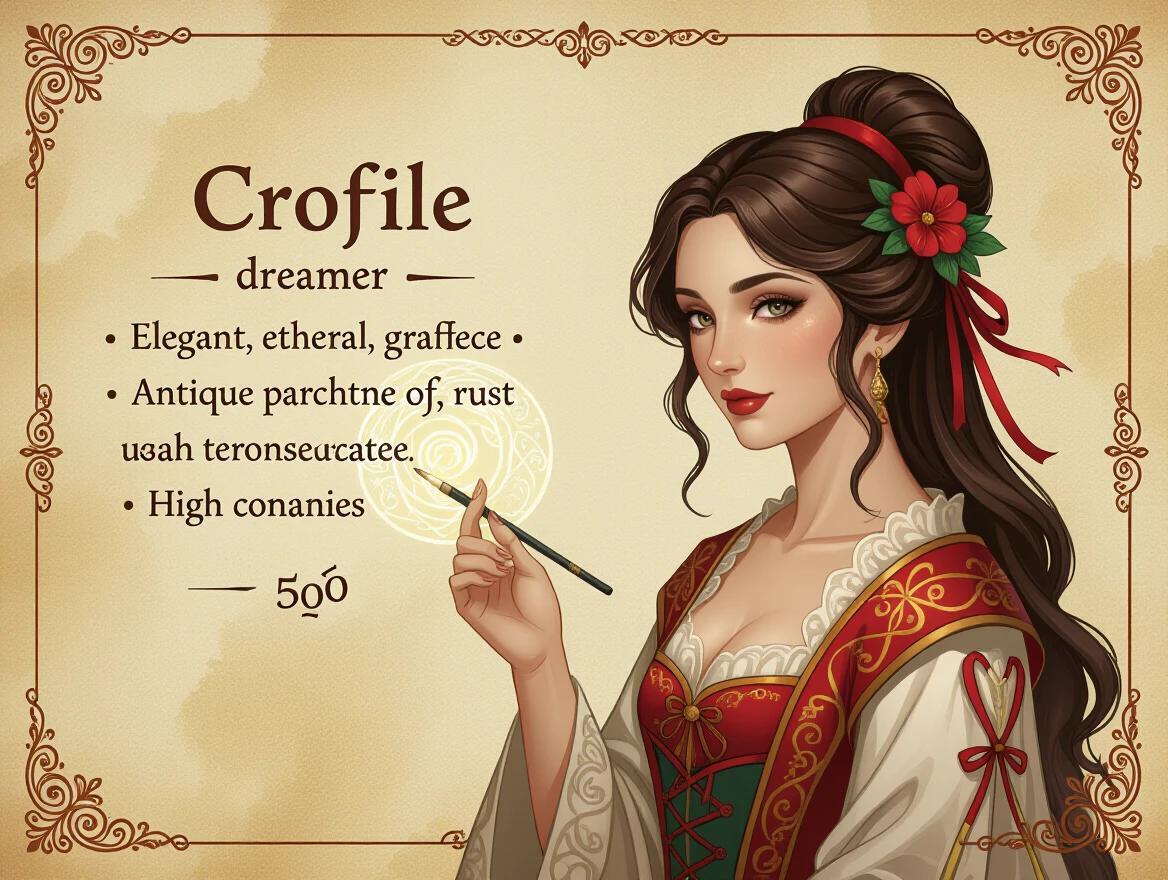 Character artwork of a dreamer named Crofile. Elegant and ethereal appearance. Graceful pose with a hint of antique parchment background. Effect of rust visible. Emphasis on high contrast in the design.