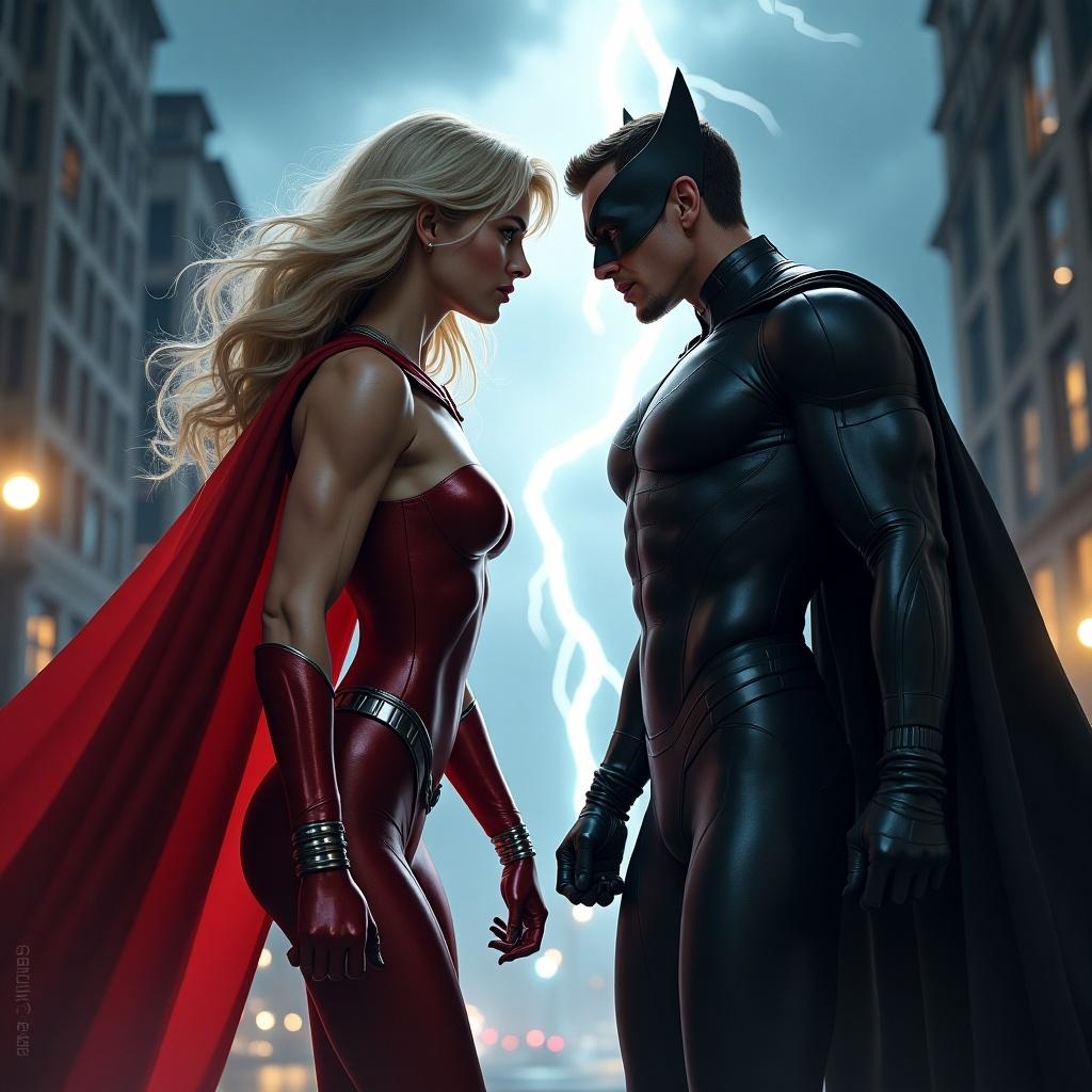 Scene depicts two superheroes facing off in a dramatic confrontation. One woman in superhero colors with red cape. Other in sleek black bodysuit and cape. Dark urban background enhances tension. Stormy skies and lightning flashes create atmosphere. Characters detailed with muscular forms and distinct costumes. Captures intensity of face-off.