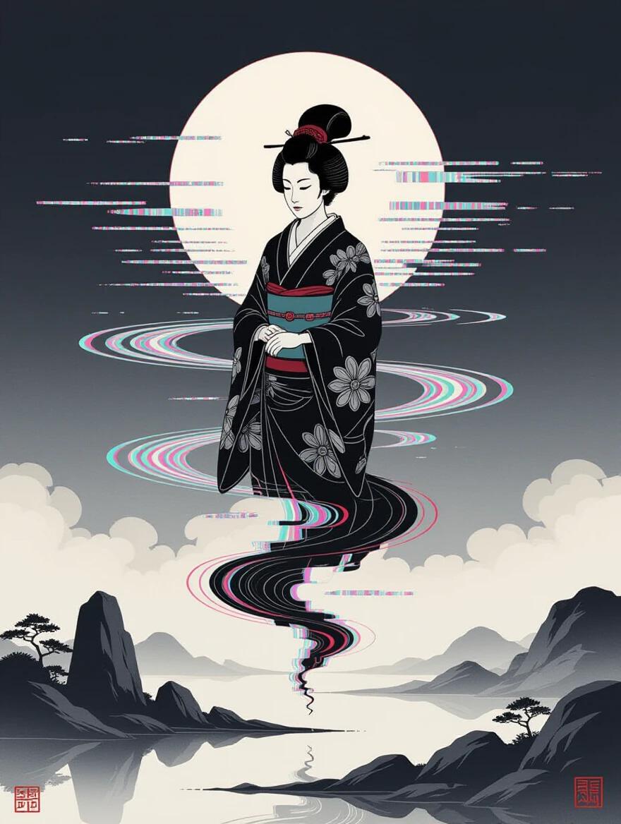 Zen loop god depicted in fluid ink-brush strokes. Spirit figure experiencing glitch distortion. Floating over a minimalist landscape of stones and mist. Glitch artifacts represent echoes. Subject centered in upper third of the composition. Merging traditional Japanese sumi-e with digital distortion. Low color saturation with RGB flares. Serene yet disorienting art style with digital parchment texture.
