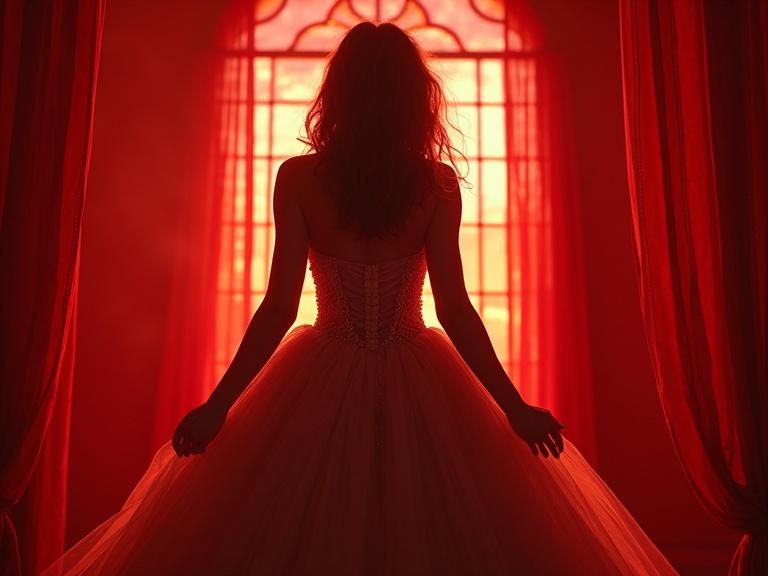 A woman in silhouette wears a dress resembling stained-glass windows. Crimson curtains frame the scene with dramatic backlighting. The atmosphere has a cinematic quality with a film grain aesthetic.