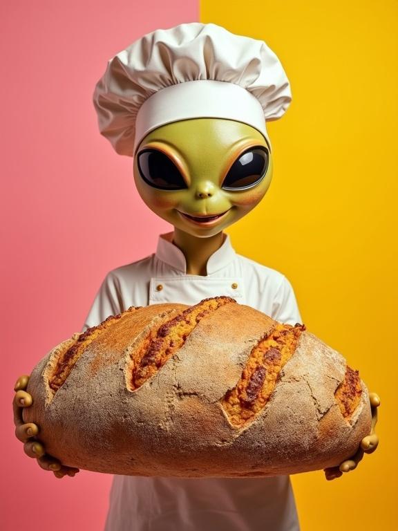 A baker smiles while holding a massive loaf of organic bread. The bread is infused with luminescent grains. Background features pink and yellow colors. Soft lighting creates even illumination. Vintage screen-print textures with halftone dot shading gives a stylized appearance.