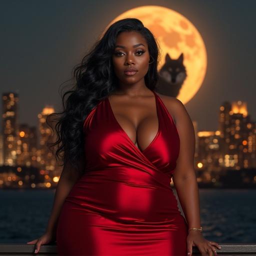 Confident plus size African American woman with long dark hair wearing a red silk dress. Dress hugs curves. Warm lighting shows natural beauty. She gazes at viewer with power. Background shows city skyline at night with large moon and werewolf.