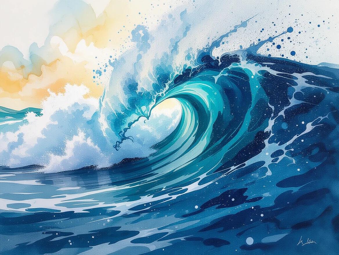 Artistic depiction of powerful ocean waves using ink splatters and drips. Wave energy illustrated with fluid ink movements. Surf crash patterns created with controlled splatters. Represents maritime power through an abstract technique. Masterpiece interpretation of the ocean. Visualizes natural forces amid ink chaos.