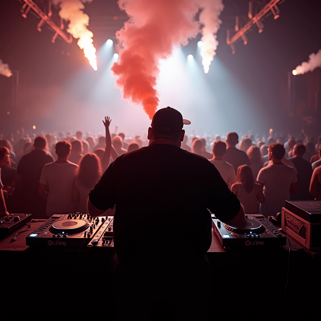 A DJ performs energetically at a packed nightclub, with colorful smoke and dramatic lighting enhancing the vibrant atmosphere.