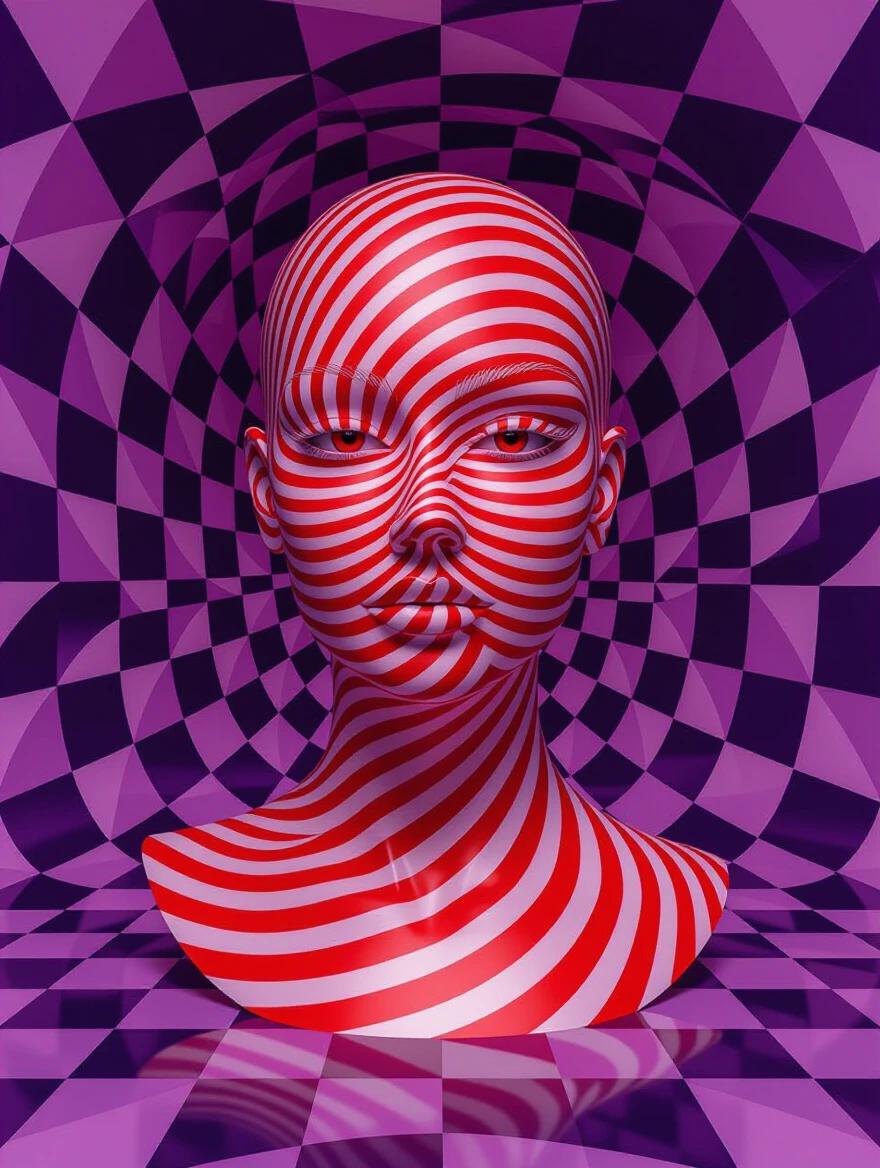 Highly detailed digital art featuring an optical illusion with a spiral pattern on a red silhouette. Background filled with large checkered patterns in purple and gray. Creates a sense of movement and depth.