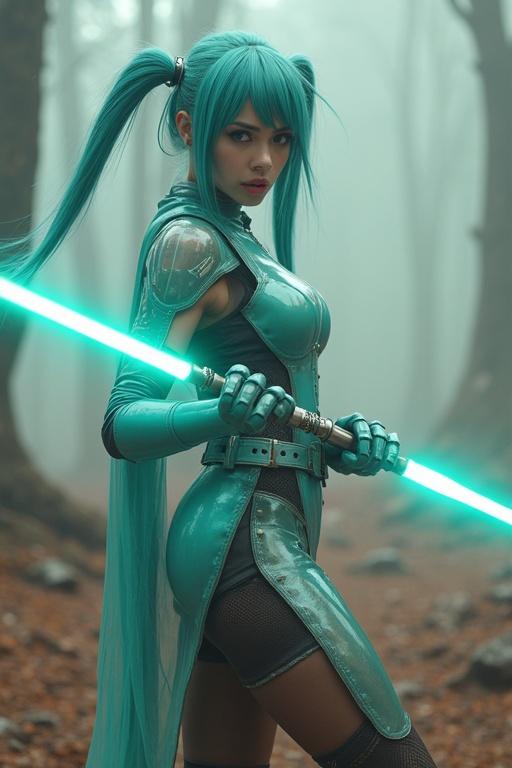 Attractive young woman inspired by Hatsune Miku wears transparent latex jedi armor. She fights droids with a turquoise lightsaber in a scorched forest battlefield.
