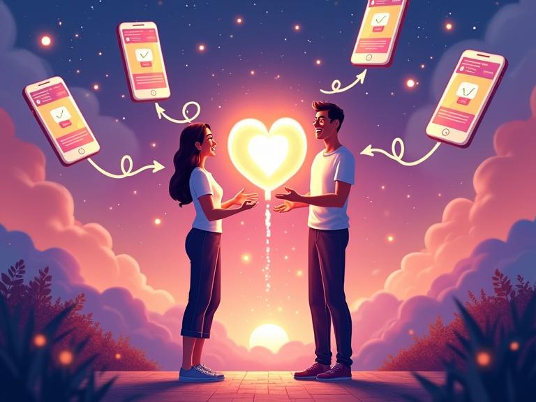 A vibrant digital illustration shows two characters—one a business owner and the other a TikTok creator. They smile as they launch a glowing video into a lively For You Page filled with viewers. Around them are icons of micro-influencers in various niches, each holding phones with brand promotion videos. Arrows indicate rising metrics like engagement and sales. A checklist with collaboration terms and a roadmap of campaign steps floats in the background.