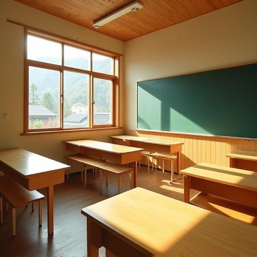 Empty Japanese classroom with wooden desks. Bright morning sunlight filters through large windows. Soft beige walls complement the wooden furniture. Large chalkboard ready for lessons. Room conveys a sense of peace and inspiration.