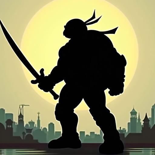 Silhouette of Donatello from 2003 animated series. Character with sword. Backlit against glowing light.