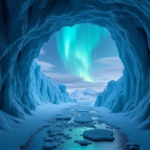 A large ice cave with blue ice and diamond dust. Aurora borealis illuminating the cave entrance. Frozen river flowing out of the cave. Snow-covered mountains in the background. Dramatic sky filled with vibrant colors.