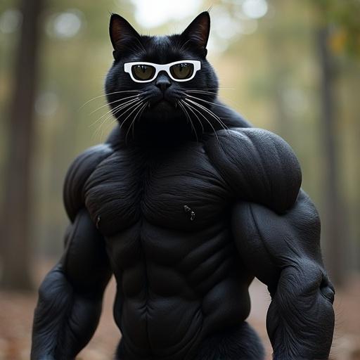 A muscular black cat wearing white sunglasses poses in a forest setting. It has a prominent build, and there is an implication of wealth surrounding it. A humorous and amusing theme based on meme culture.