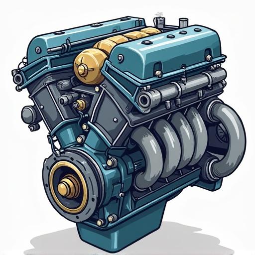 Cartoon-style illustration of an engine valve. The image displays a detailed engine assembly with visible components. Design highlights bright colors and artistic features to engage viewers.