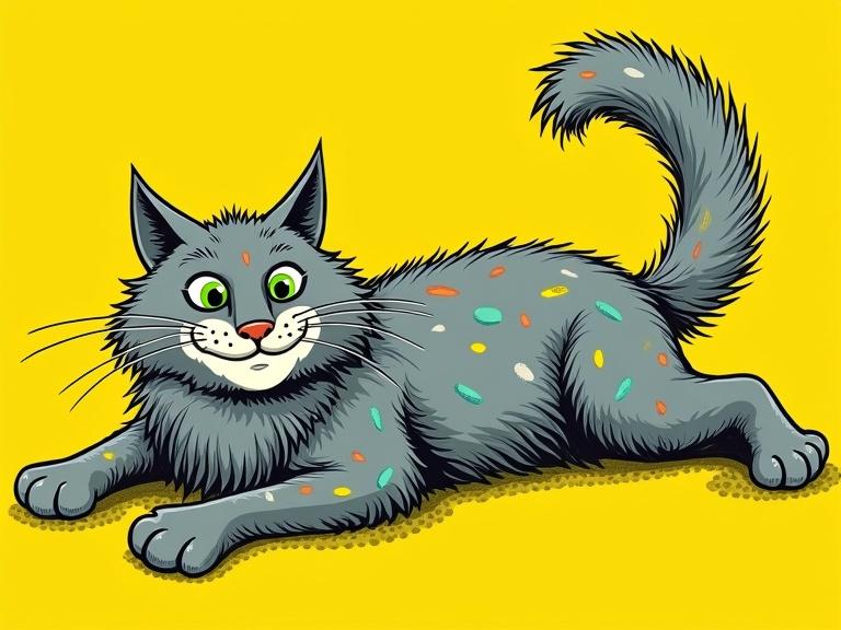 A comic book illustration in pop art style. Thick black lines and vibrant colors. A long-haired cat lies down, body in diagonal view. Front paws crossed. Tail curled like a question mark. Cat has a friendly smile and tilted head. Green eyes looking downward. Gray fur with tufts of turquoise and yellow. Background is plain yellow.