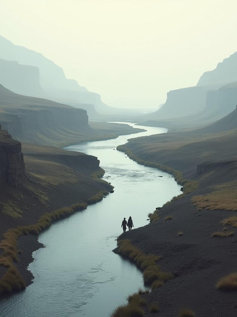 A river flows through a desolate rugged landscape. Two figures appear as faint shadows walking away from each other. The sky is pale and overcast with a misty feel.