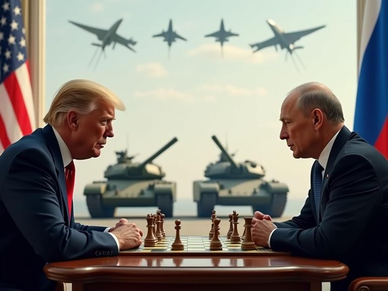 American and Russian Presidents seated at a chessboard. Tanks and fighter jets in the background. American flag by the American President and Russian flag by the Russian President.