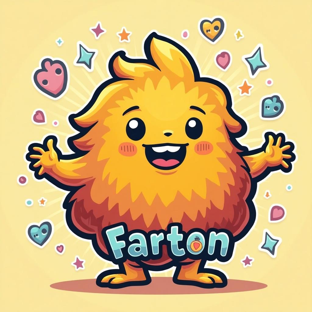 Cartoon character named Fartton with fluffy body. Character is smiling and arms are open wide. Background has colorful hearts and stars.