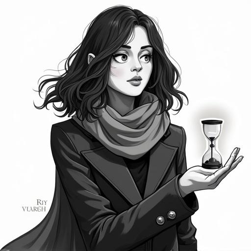 Lyra wears a dark coat and a scarf. She holds a glowing hourglass in her palm. Her eyes turn white, symbolizing her power. The drawing is without detailed clothing and the lower part of her face is hidden by the scarf. The style is sketchy and minimalistic, emphasizing emotion over details.