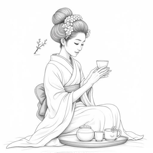 Black and white line art illustration features a young geisha or maiko performing a tea ceremony. She is seated in seiza posture wearing a kimono with cherry blossom patterns. Holding a teacup gently, her gaze is soft and lowered. A traditional tea set is arranged on a tray. Background includes a subtle branch of cherry blossoms. The art highlights serenity and grace.