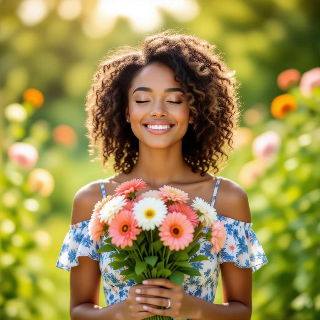 Young woman with curly hair smiles in sunny garden. She holds bouquet of pink-orange flowers. Natural light creates warm summer feeling. Her floral dress is blue-based. Eyes are closed with joy.
