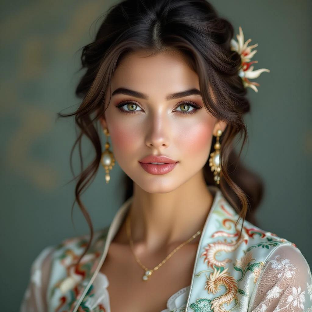Ultra-photorealistic portrait of a beautiful gentle-looking woman inspired by Sarasvati. Dragon ancestry evident in design. High detail in skin texture with natural imperfections. She wears a dragon-themed elegant outfit. Subtle translucent silk and scale-like embroidery enhance the beauty. Captured in a masterpiece style with natural background. Depicts a sense of grace and culture