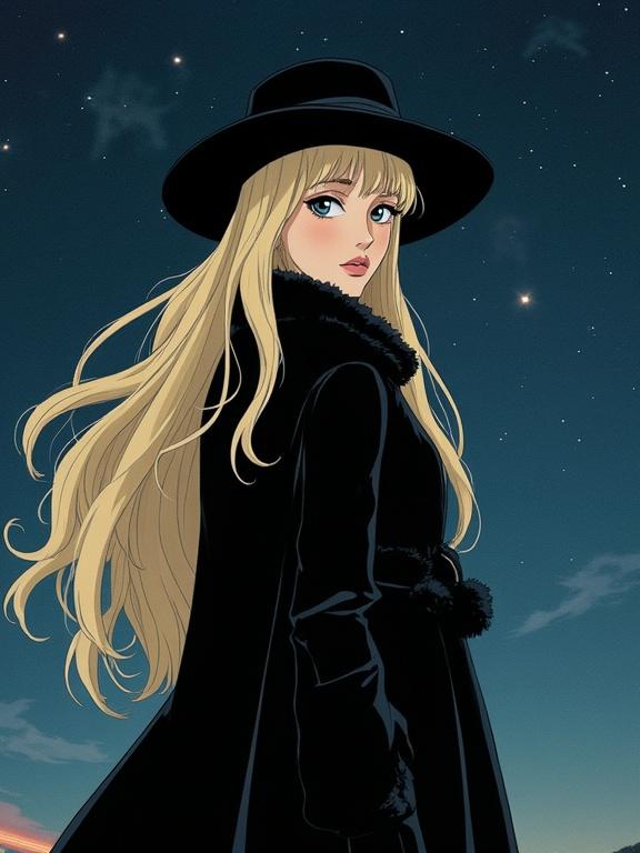 Anime-style illustration of a beautiful space traveler. Long flowing blonde hair. Dressed in a long black fur coat and hat. Mysterious melancholic expression. Starry outer space background. Soft lighting creates an ethereal mood. Leiji Matsumoto inspired. Full body depiction on cosmic train platform.