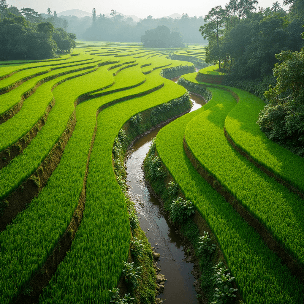 A picturesque view of lush green terraced rice fields with a meandering stream.