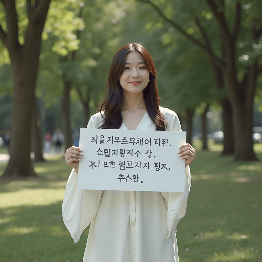 A woman holds a sign with Korean text in a serene park setting.