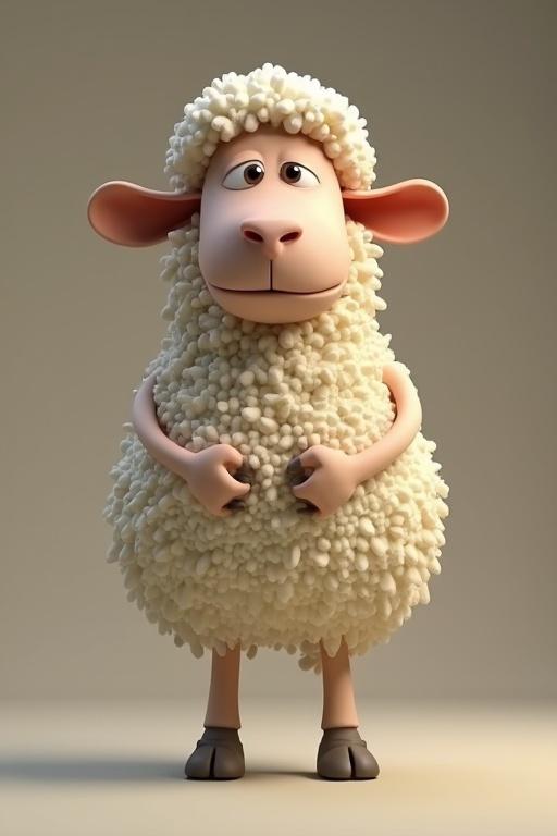 Photorealistic yet stylized 3D cartoon sheep character like Shaun the Sheep. Standing upright highly detailed plasticine texture Octane render cinematic.