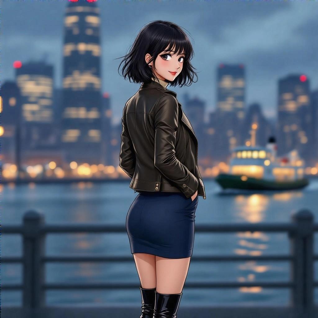 Japanese anime image of elegant office lady. 170cm tall 27 years old. Wispy bob black hair. Turtleneck champagne shirt. Dark blue pencil skirt. Leather jacket. Black suede stiletto knee-high boots. In front of city pier. Skyscrapers blurred in background. Windy chilly night. Ferry passing water. Smiling over shoulder. Hair bangs behind ears. Wide shot. Back view pose. Three-quarter turn. Focus on lady. Background blurred. Visible stone floor tiles. Clear shadows under boots.